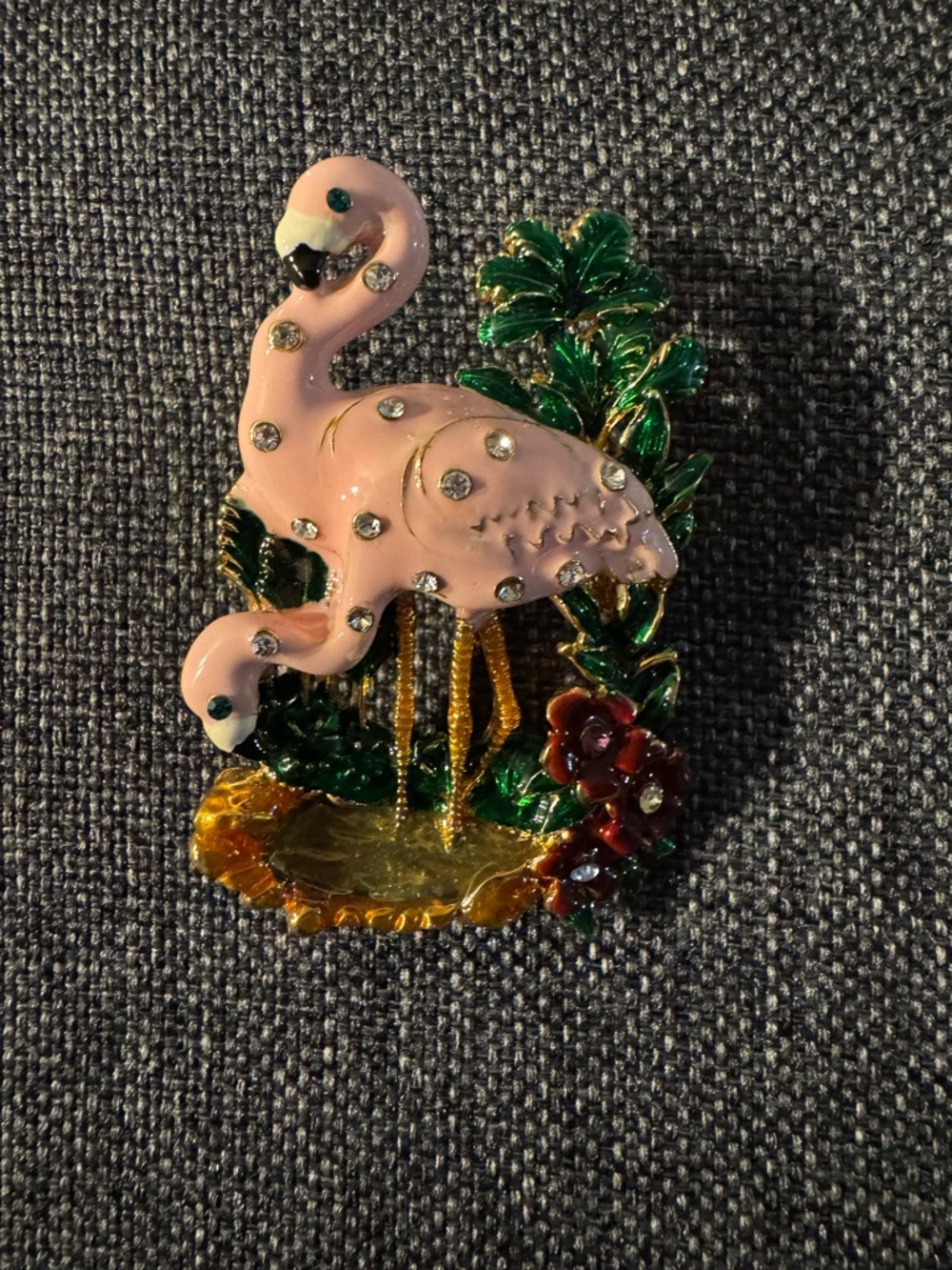Pink Flamingo Brooch Gold Tone & Tropical Accents